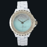 Aqua Blå Teal Silver Glitter Monogram Armbandsur<br><div class="desc">Aqua Blå - Teal och Silver Glitter Script Monogram Namn Ur. Detta gör den perfekta examen,  födelsedag,  bröllop,  bröllops shower,  årsdag,  baby shower eller möhippa present för någon som älskar glamour lux och chic stilar.</div>
