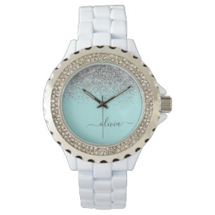 Aqua Blå Teal Silver Glitter Monogram Armbandsur