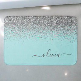 Aqua Blå Teal Silver Glitter Monogram Badrumsmatta