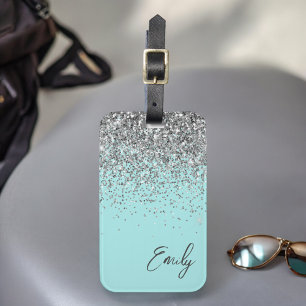 Aqua Blå Teal Silver Glitter Monogram Bagagebricka