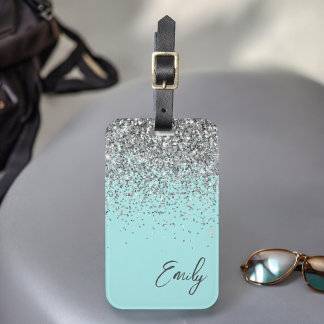 Aqua Blå Teal Silver Glitter Monogram Bagagebricka