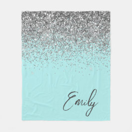 Aqua Blå Teal Silver Glitter Monogram Fleecefilt