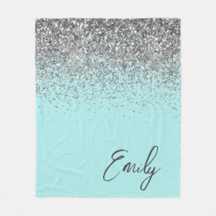 Aqua Blå Teal Silver Glitter Monogram Fleecefilt