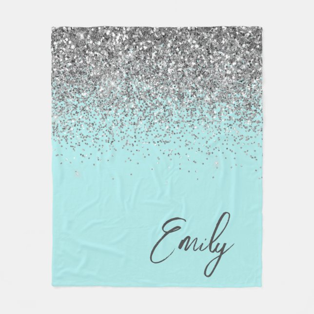 Aqua Blå Teal Silver Glitter Monogram Fleecefilt (Framsidan)