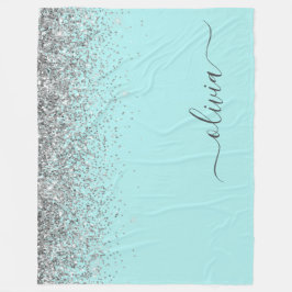 Aqua Blå Teal Silver Glitter Monogram Fleecefilt