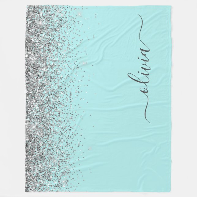 Aqua Blå Teal Silver Glitter Monogram Fleecefilt (Framsidan)