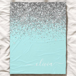 Aqua Blå Teal Silver Glitter Monogram Fleecefilt