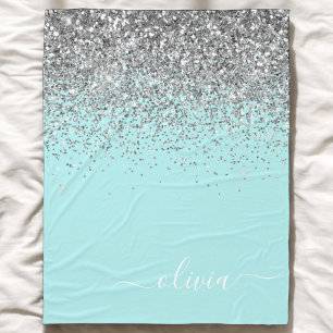 Aqua Blå Teal Silver Glitter Monogram Fleecefilt