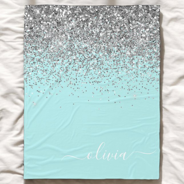 Aqua Blå Teal Silver Glitter Monogram Fleecefilt (Skapare uppladdad)