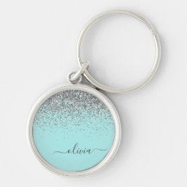 Aqua Blå Teal Silver Glitter Monogram Rund Silverfärgad Nyckelring