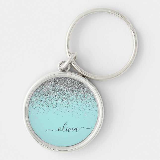 Aqua Blå Teal Silver Glitter Monogram Rund Silverfärgad Nyckelring (Framsidan)