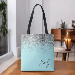 Aqua Blå Teal Silver Glitter Monogram Tygkasse
