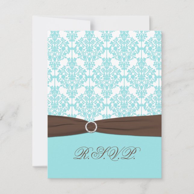 Aqua Blå, Vit Damask med Brun FALSK Band OSA Kort (Framsida)