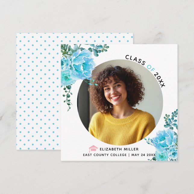 Aqua blåa blommor klass för 2025-graderingsfoto meddelande (Fram/baksida)