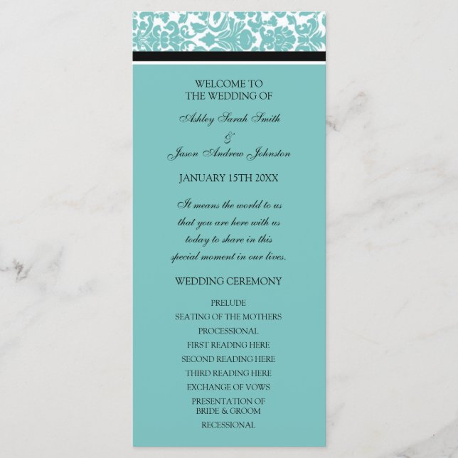 Aqua Black Damask Wedding Program (Framsida)
