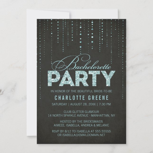 Aqua & Black Glitter Se Bachelorette Party Inbjudningar (Framsida)