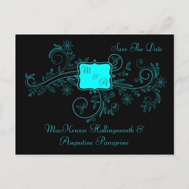 Aqua Black Monogram Blommiga Slingor Spara Datumet Meddelande Vykort (Framsida)