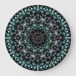 Aqua, Black och Sage Boho Stil Paisley Stor Klocka