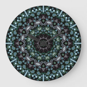 Aqua, Black och Sage Boho Stil Paisley Stor Klocka