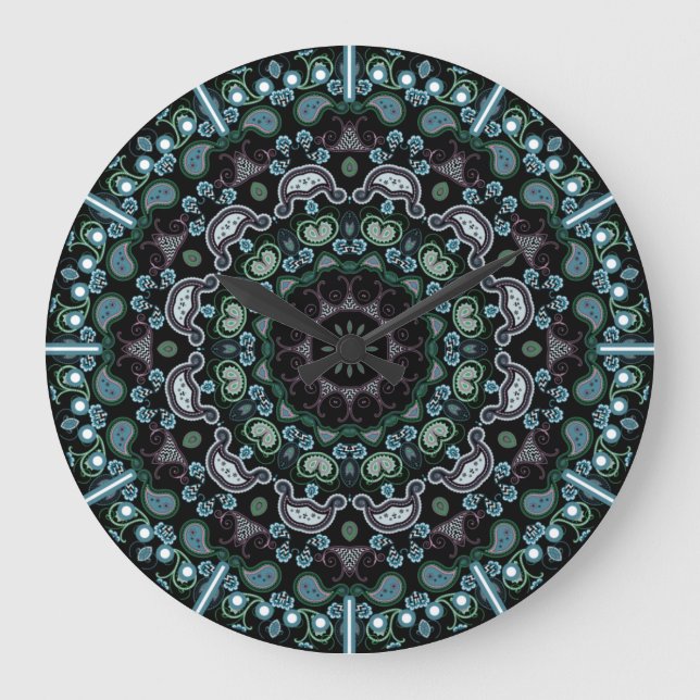 Aqua, Black och Sage Boho Stil Paisley Stor Klocka (Framsida)