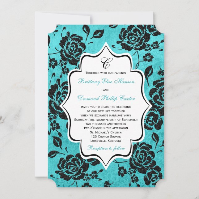 Aqua Black White Blommigt Damask Wedding bjudande Inbjudningar (Framsida)