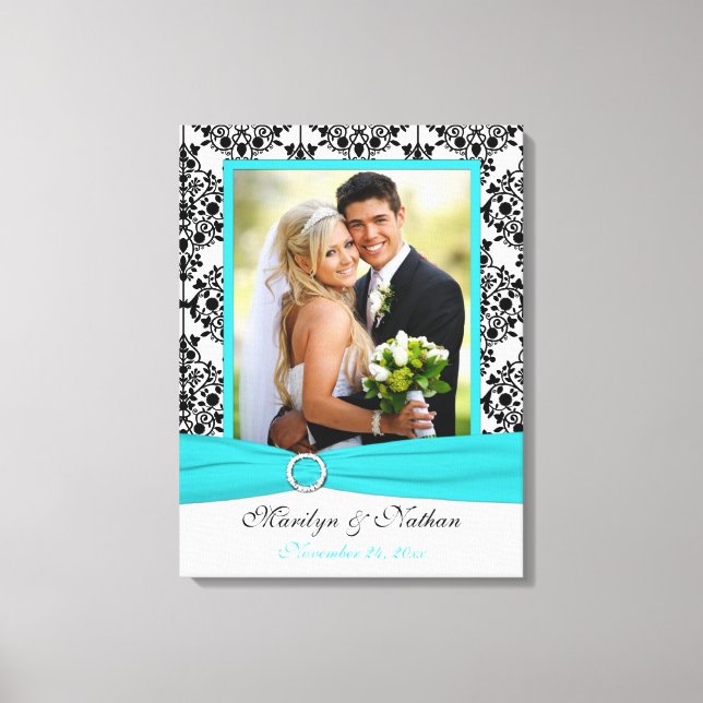 Aqua, Black, White Damask Wedding Canvas (Framsida)