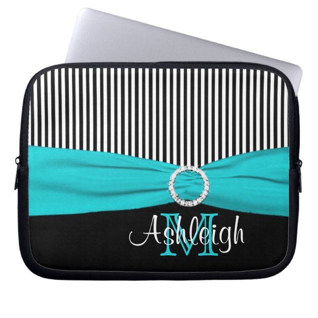 Aqua Black White med FAUX Ribbon Laptop sleeve (Framsidan)