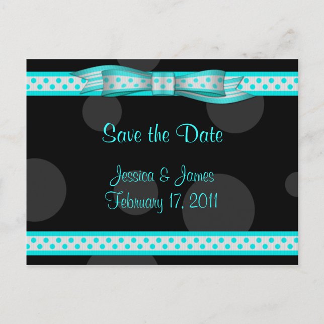 Aqua Black White Polka Dot Save Date Postcard Meddelande Vykort (Framsida)