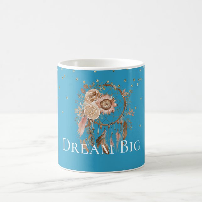 Aqua Blommigt Feathers Dream Catcher Kaffemugg (Center)