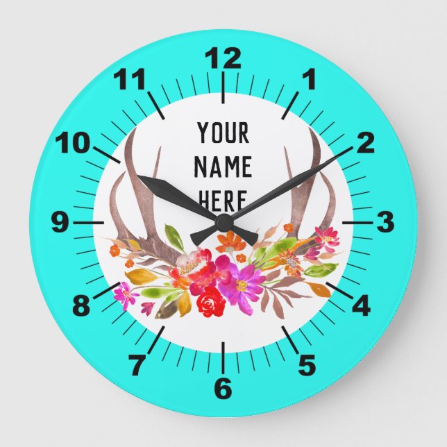 Aqua Blommigt Large Clock Stor Klocka (Framsida)
