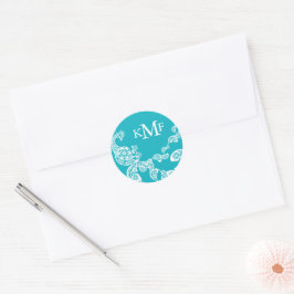Aqua Blommigt Paisley White Peacock Wedding Favor Runt Klistermärke
