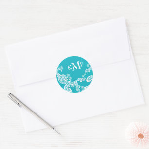 Aqua Blommigt Paisley White Peacock Wedding Favor Runt Klistermärke