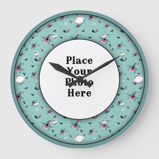 Aqua Blommigt Ram din fotomägelsklocka Stor Klocka (Framsida)