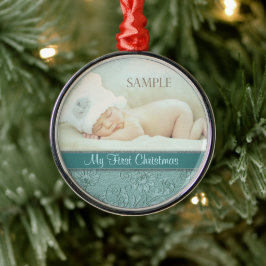 Aqua Blommigt Swirl Baby Första jul Julgransprydnad Metall