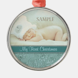 Aqua Blommigt Swirl Baby Första jul Julgransprydnad Metall