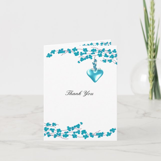 Aqua Blommor med Hjärtligt Tack Kort (Framsida)
