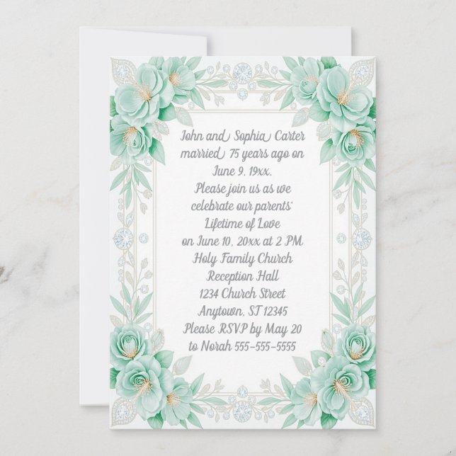 Aqua blommor och diamanter 75-årsjubileum inbjudningar (Framsida)