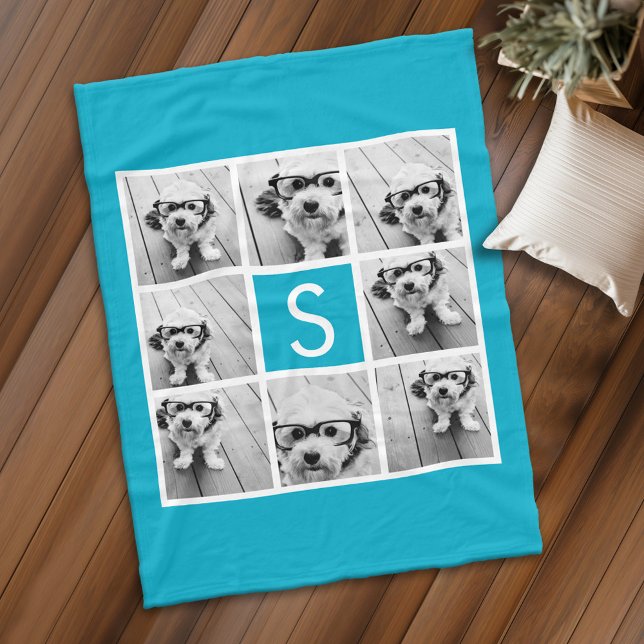 Aqua Blue 8 Foto Collage Anpassad Monogram Fleecefilt (Personalized fleece blanket with 8 photos and a monogram)