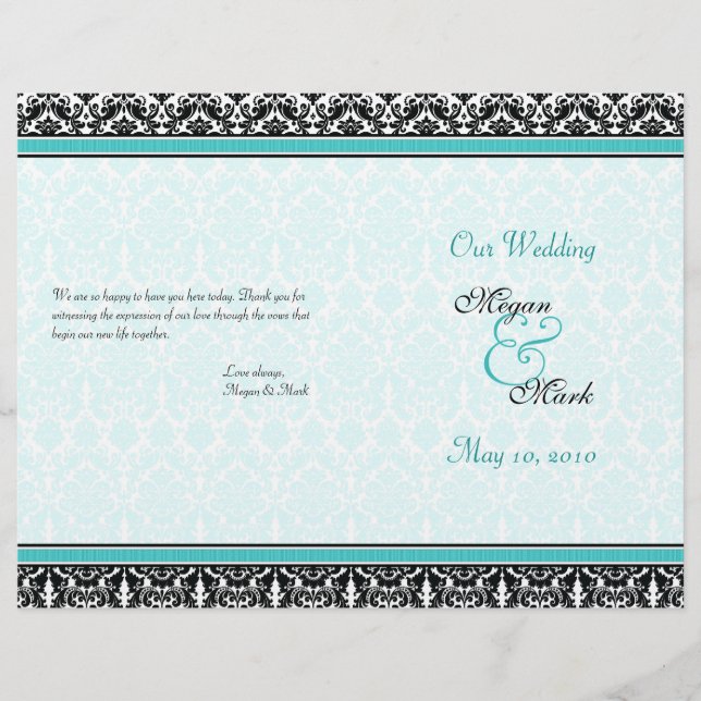 Aqua Blue and Black Damask Wedding Program (Framsida)