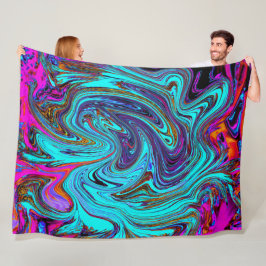 Aqua Blue and Black Groovy Abstrakt Retro Art Fleecefilt