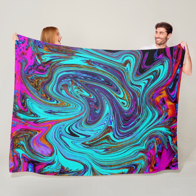 Aqua Blue and Black Groovy Abstrakt Retro Art Fleecefilt (På plats)