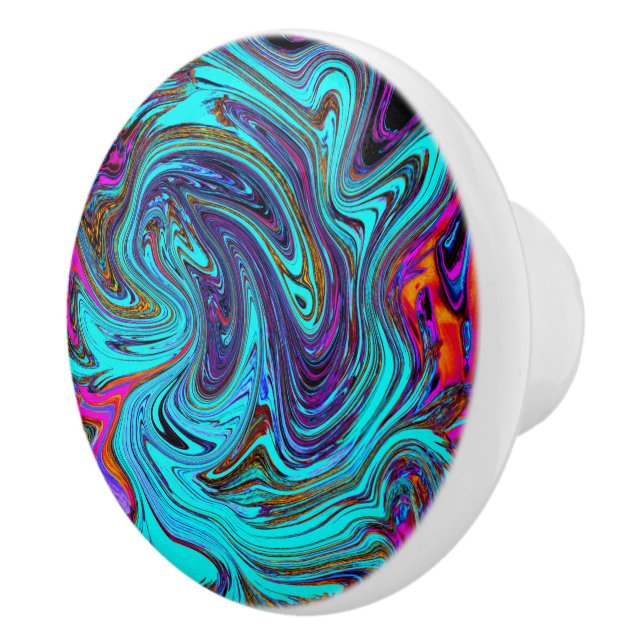 Aqua Blue and Black Groovy Abstrakt Retro Art Knopp (Höger)