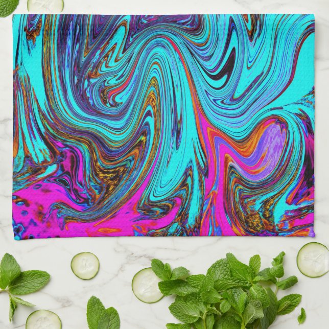 Aqua Blue and Black Groovy Abstrakt Retro Art Kökshandduk (Vikta)