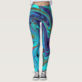 Aqua Blue and Black Groovy Abstrakt Retro Art Leggings
