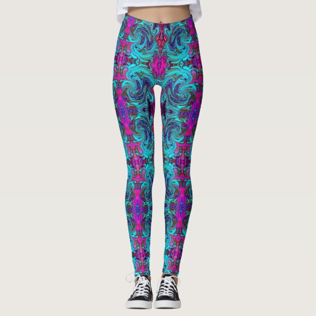 Aqua Blue and Black Groovy Abstrakt Retro Art Leggings (Framsida)