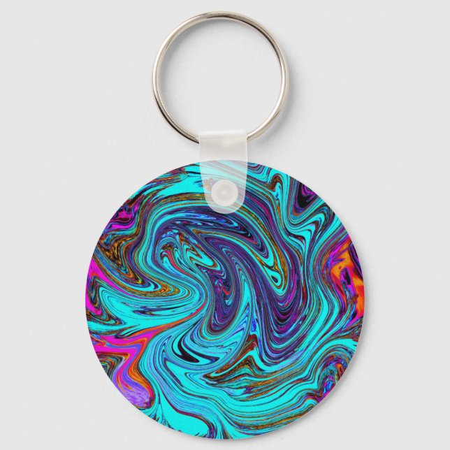 Aqua Blue and Black Groovy Abstrakt Retro Art Nyckelring (Framsida)