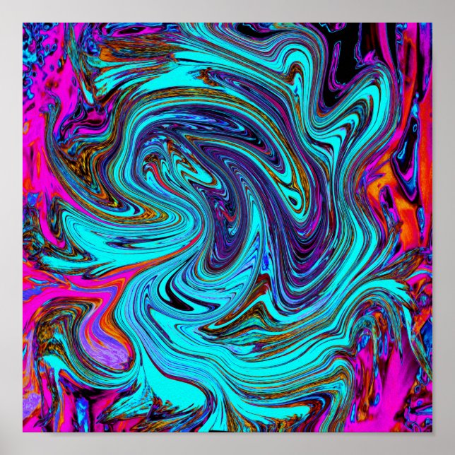 Aqua Blue and Black Groovy Abstrakt Retro Art Poster (Framsidan)