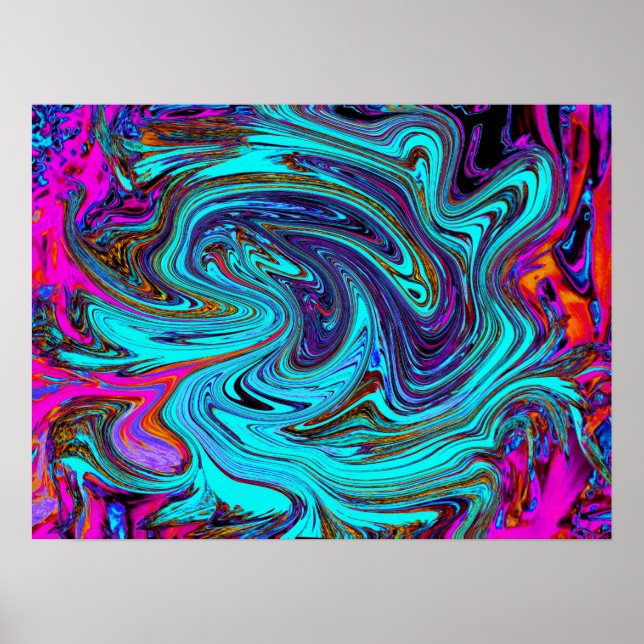 Aqua Blue and Black Groovy Abstrakt Retro Art Poster (Framsidan)