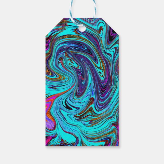 Aqua Blue and Black Groovy Abstrakt Retro Art Presentetikett (Framsidan)