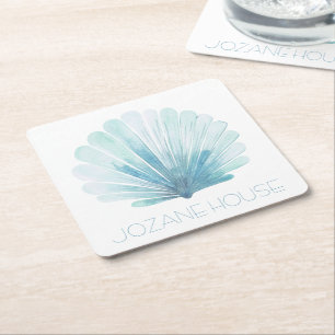 Aqua Blue and White Coastal Seashell Personlig Underlägg Papper Kvadrat
